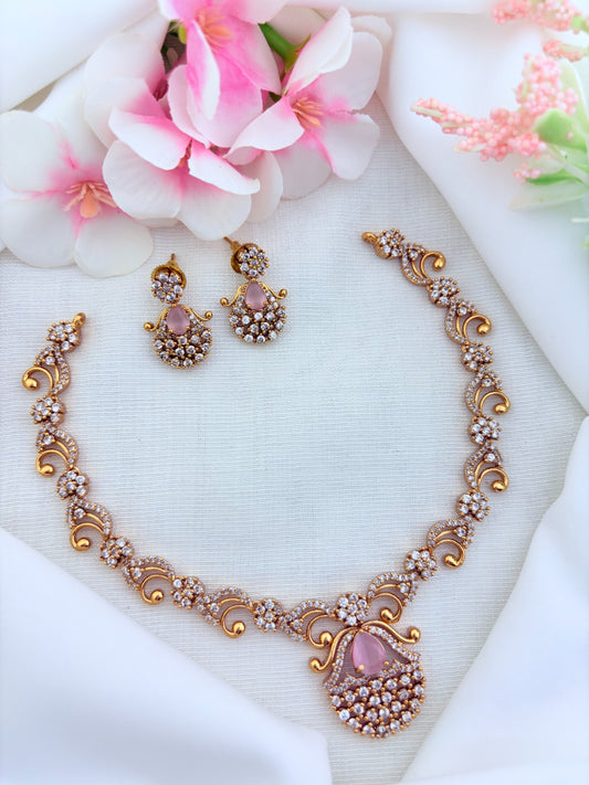 Elegant premium matte finish necklace and earrings adorned with classic AD stones