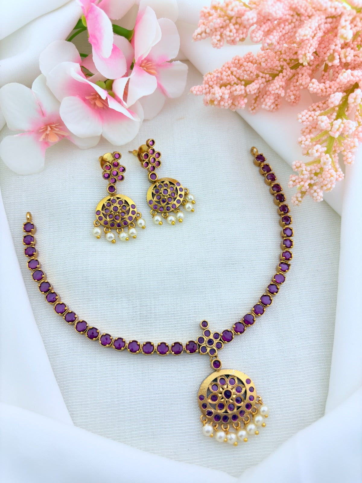 Heritage- inspired  attigai design AD stone necklace with modern elegance beautifully crafted with pearl drops