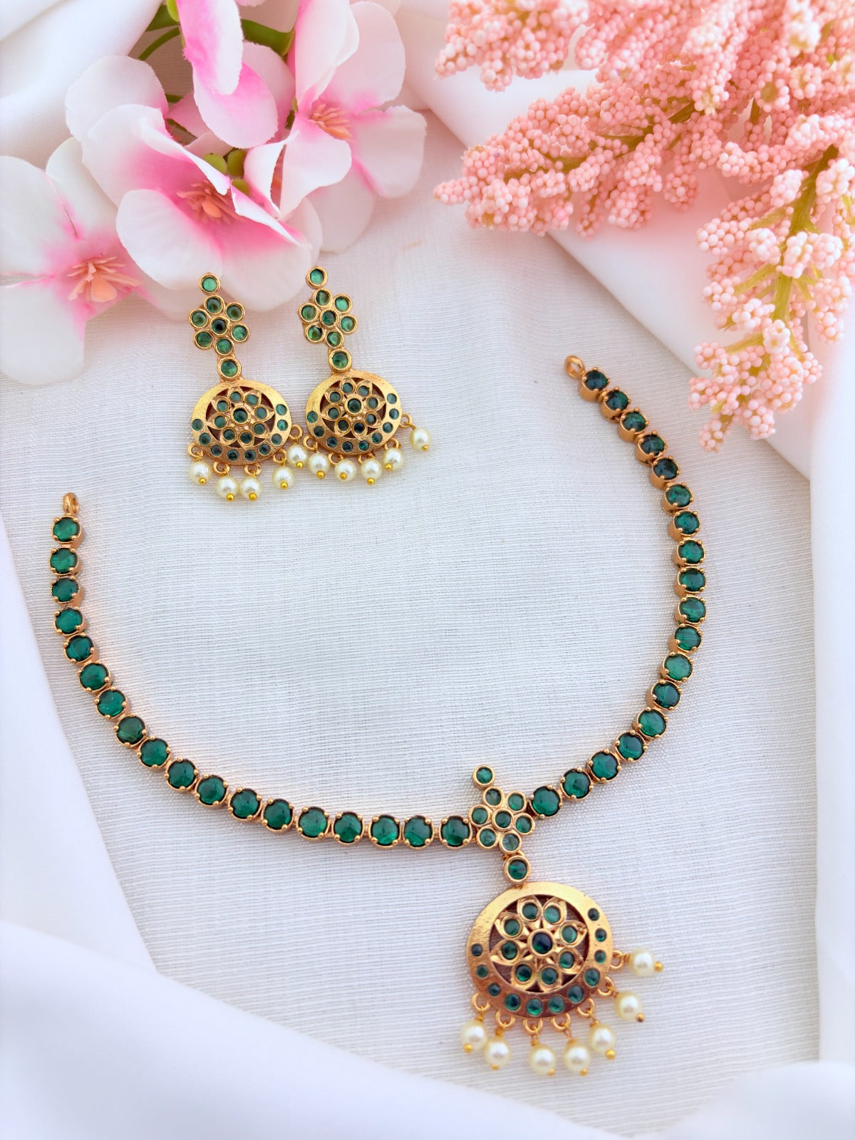 Heritage- inspired  attigai design AD stone necklace with modern elegance beautifully crafted with pearl drops