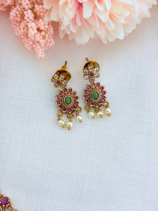 Elegant palak design necklace in premium matte finish adorned with pearl drops