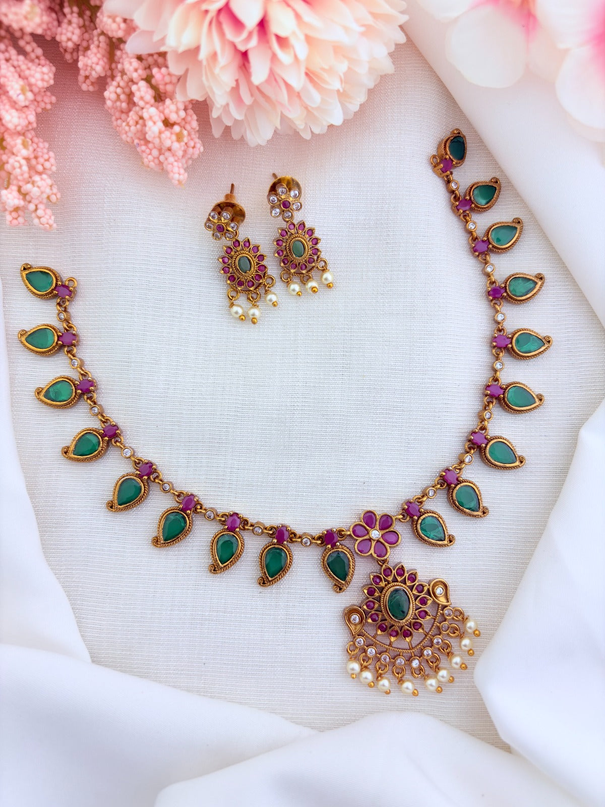 Elegant palak design necklace in premium matte finish adorned with pearl drops