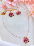Premium invisible chain with beautiful enamel lotus pendant and matching earrings