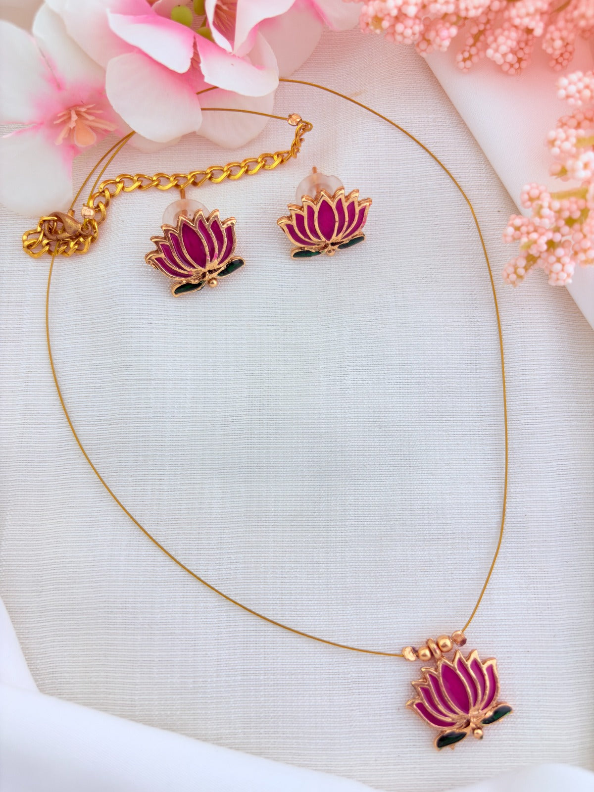 Premium invisible chain with beautiful enamel lotus pendant and matching earrings