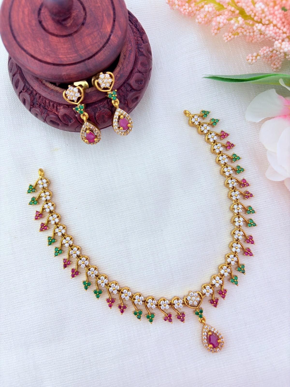 Elegant Premium matte finish AD necklace with matching earrings