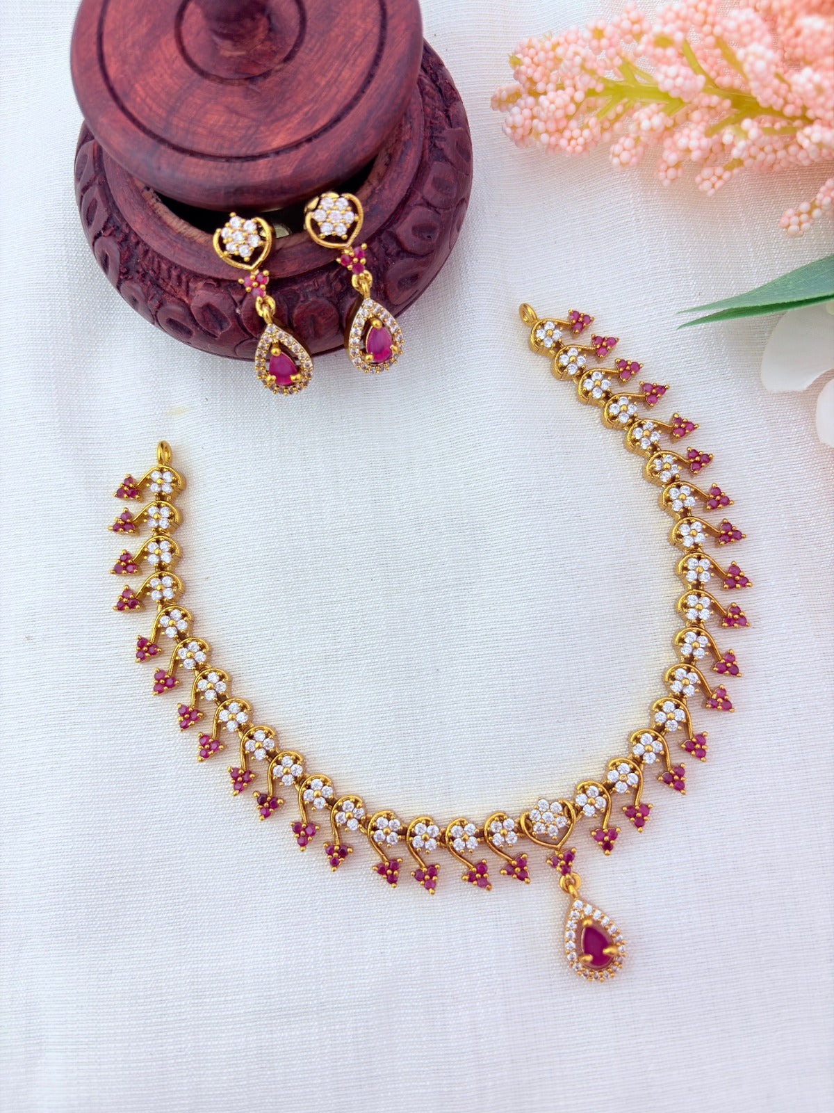 Elegant Premium matte finish AD necklace with matching earrings