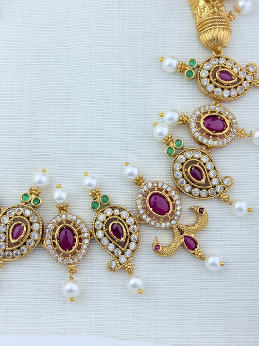 Premium matte finish mango pattern necklace crafted with classic AD stones and pearls