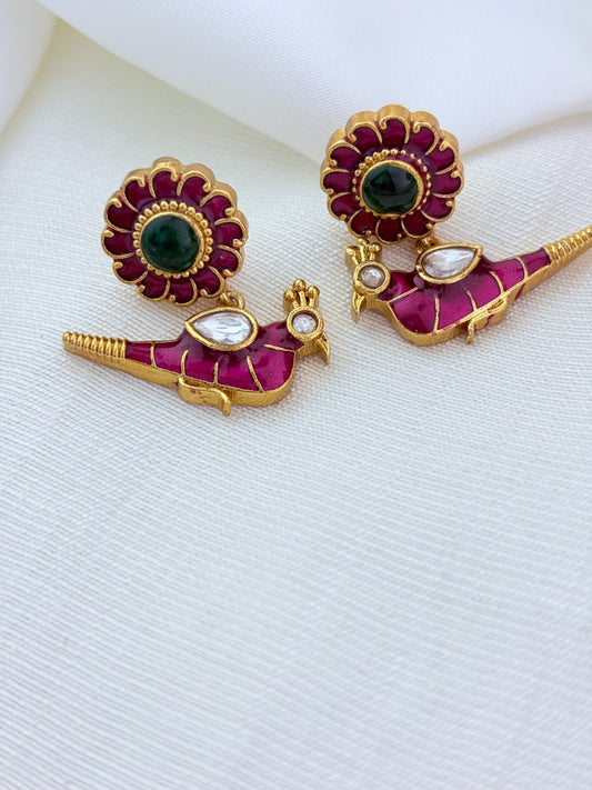 Peacock and lotus design combined in a single premium matte necklace with rich enamel detailing and matching earrings