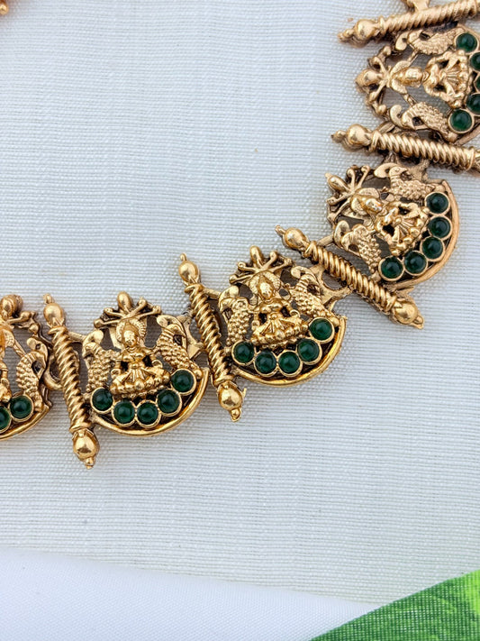 Matte finish Lakshmi choker and matching jumkha adorned with stones and golden beads