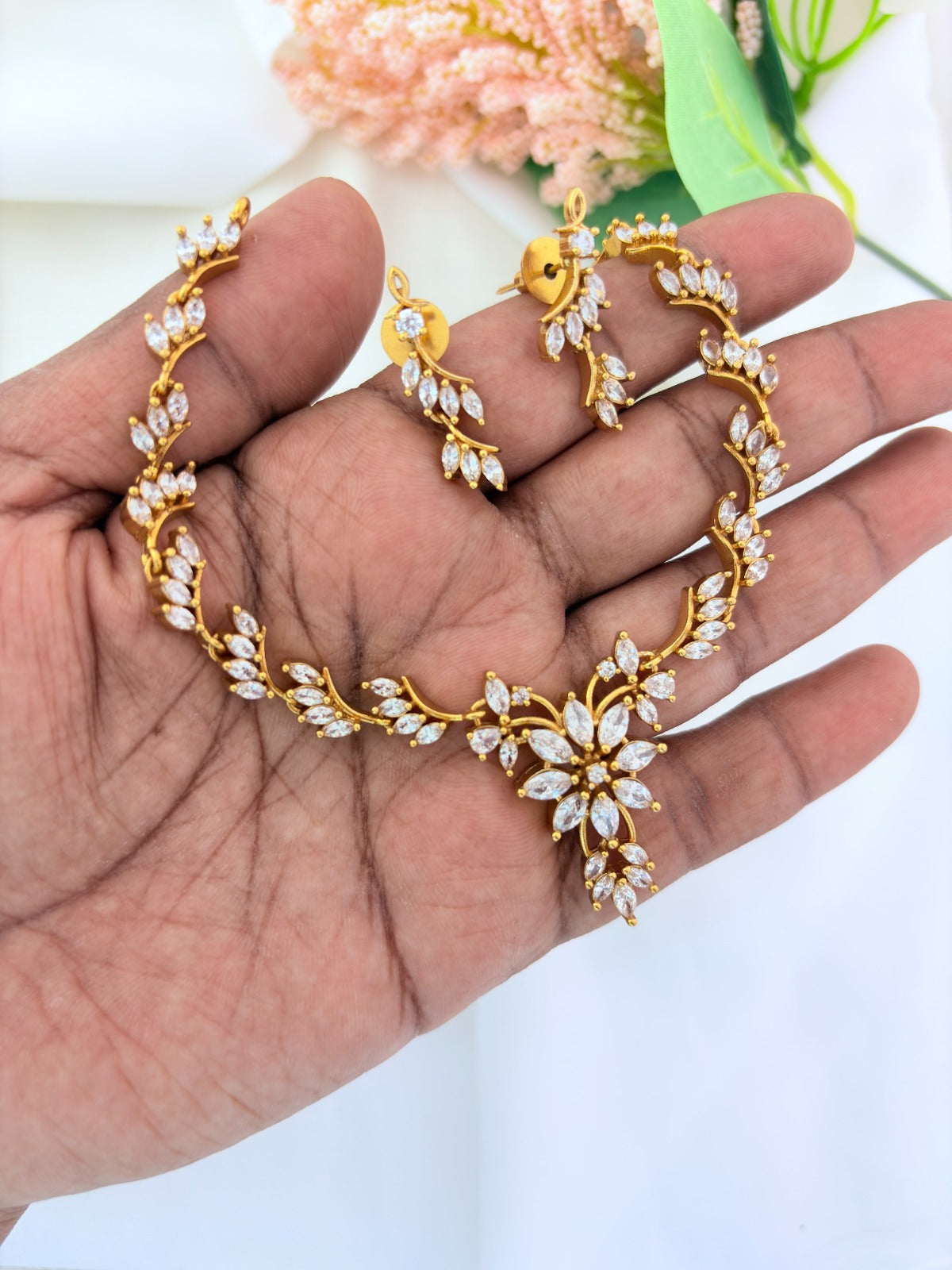 Stylish CZ stone necklace for a classy look - Premium matte finish necklace with matching earrings