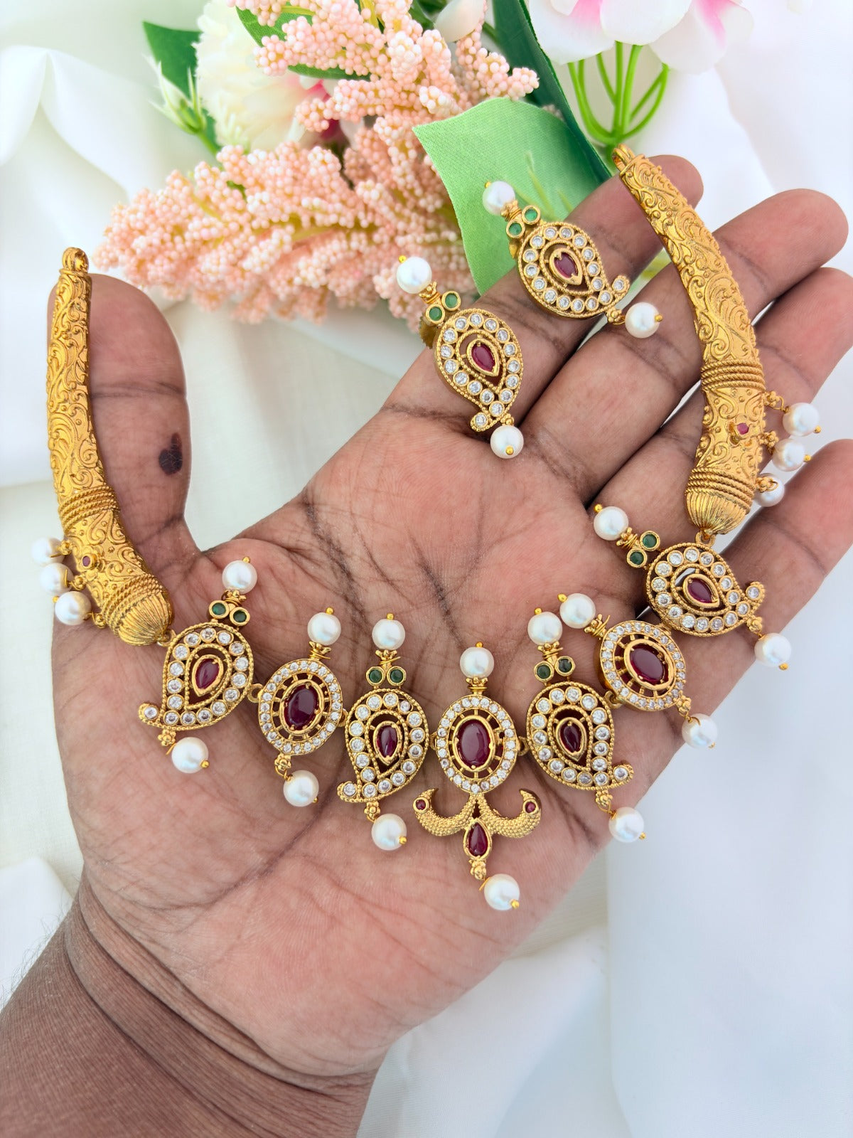 Premium matte finish mango pattern necklace crafted with classic AD stones and pearls